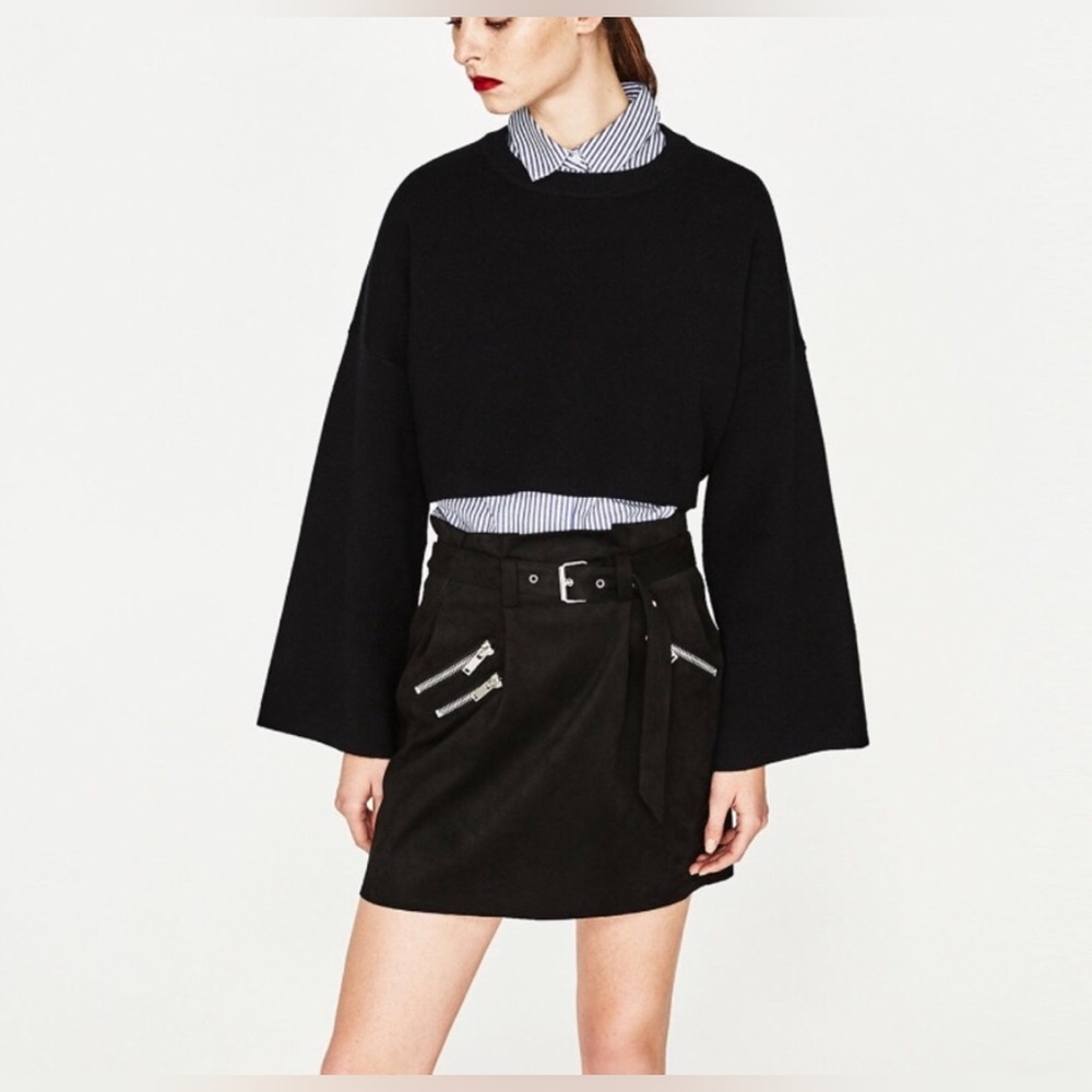 🆕 NWT ZARA Black Suede mini skirt with sliver hardware zips & belt